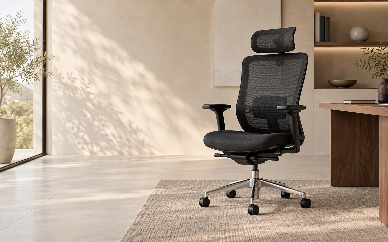 Ergonomic office chair shown in a warm architectural interior