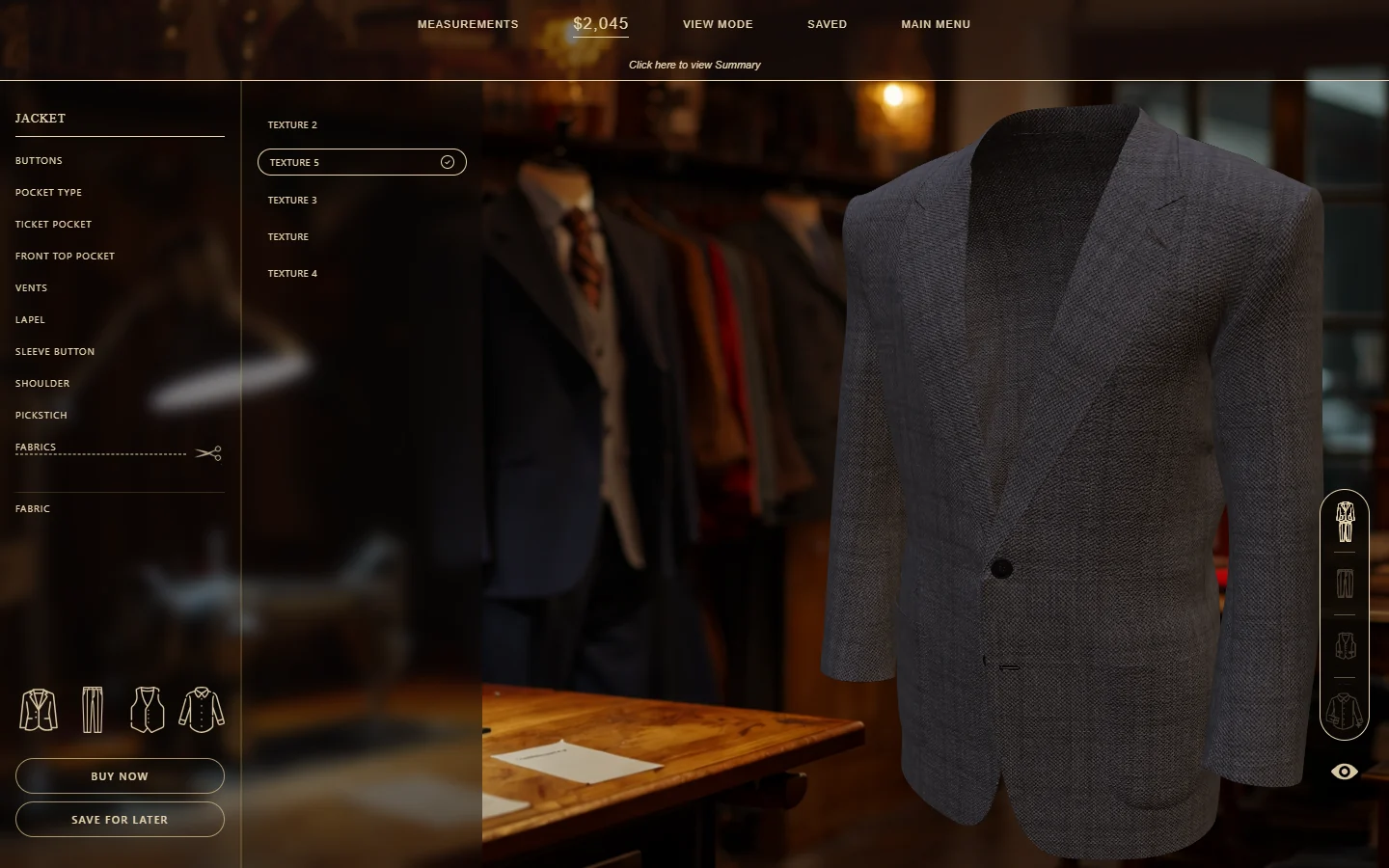 Suit configuration interface with garment controls and a 3D preview