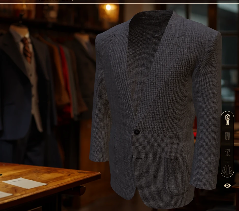 Configured tailored garment displayed in the digital atelier
